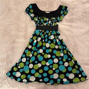 Vintage Polka Dot Midi Dress - Black, Green, Blue